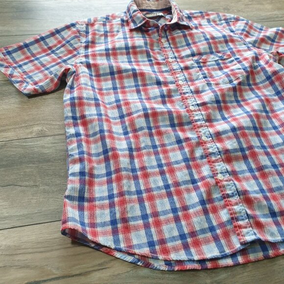 Dukes Bark Men L Plaid Short Sleeve Button Up Shirt Seersucker Casual Patriotic - Picture 3 of 8